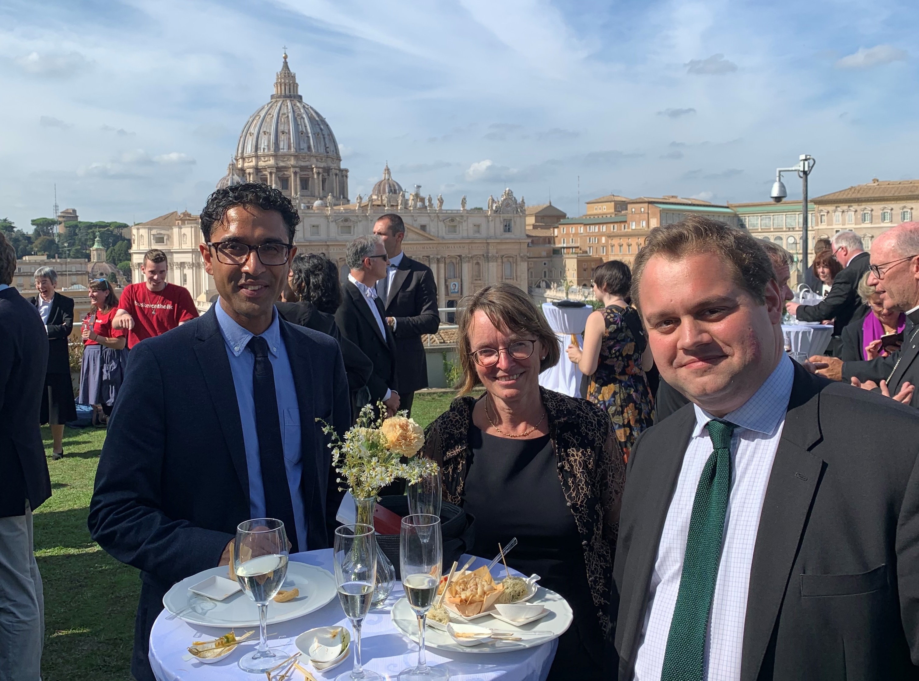Trinity College Philosophy Fellow Anil Gomes, President Hilary Boulding, and Junior Research Fellow Tristan Franklinos at the canonisation ceremony in Rome for Cardinal Newman.