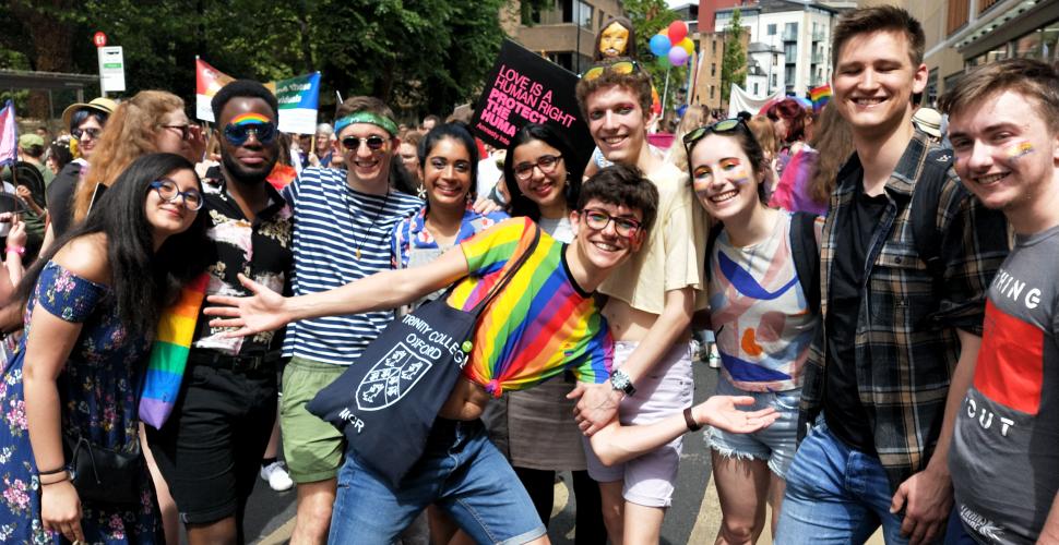 A group of Trinity College postgraduates pose for the camera at Oxford Pride week.