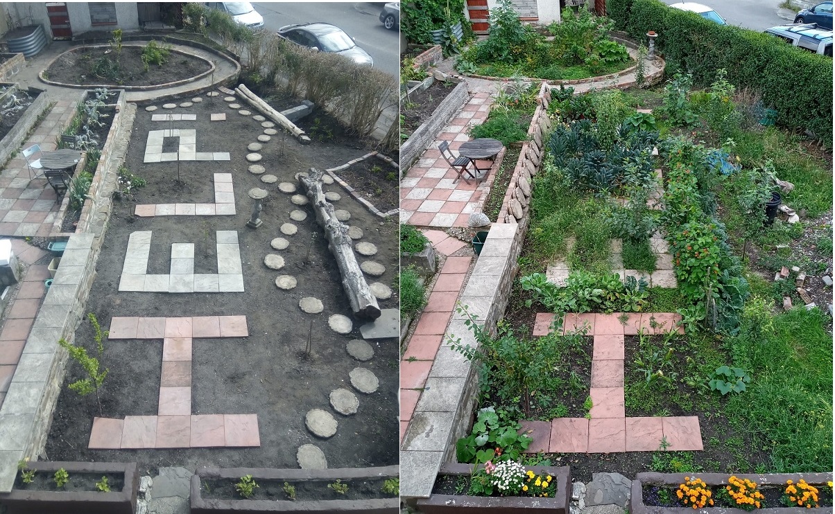 Side by side images of a garden with concrete paving stones spelling out 'Help' - the first image shows it with no plants, the second shows the garden with plants. 