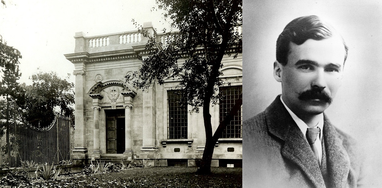 Side by side black and white photographs of the War Memorial Library at Trinity and a headshot of George Butterworth.