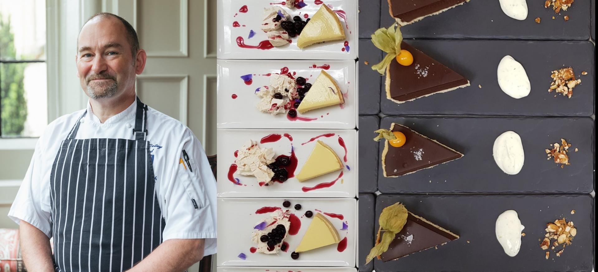 An photograph of Trinity College head chef Julian Smith next to photos of desserts made in the dining hall. 