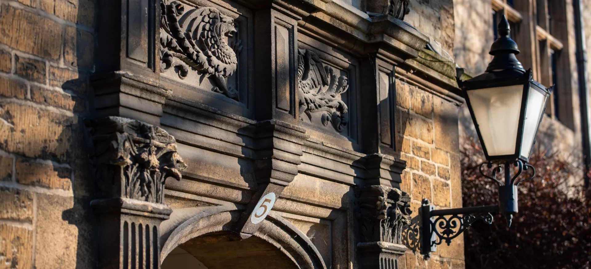 A detail of carving above an entryway in Trinity college, with shadows playing over the surface.