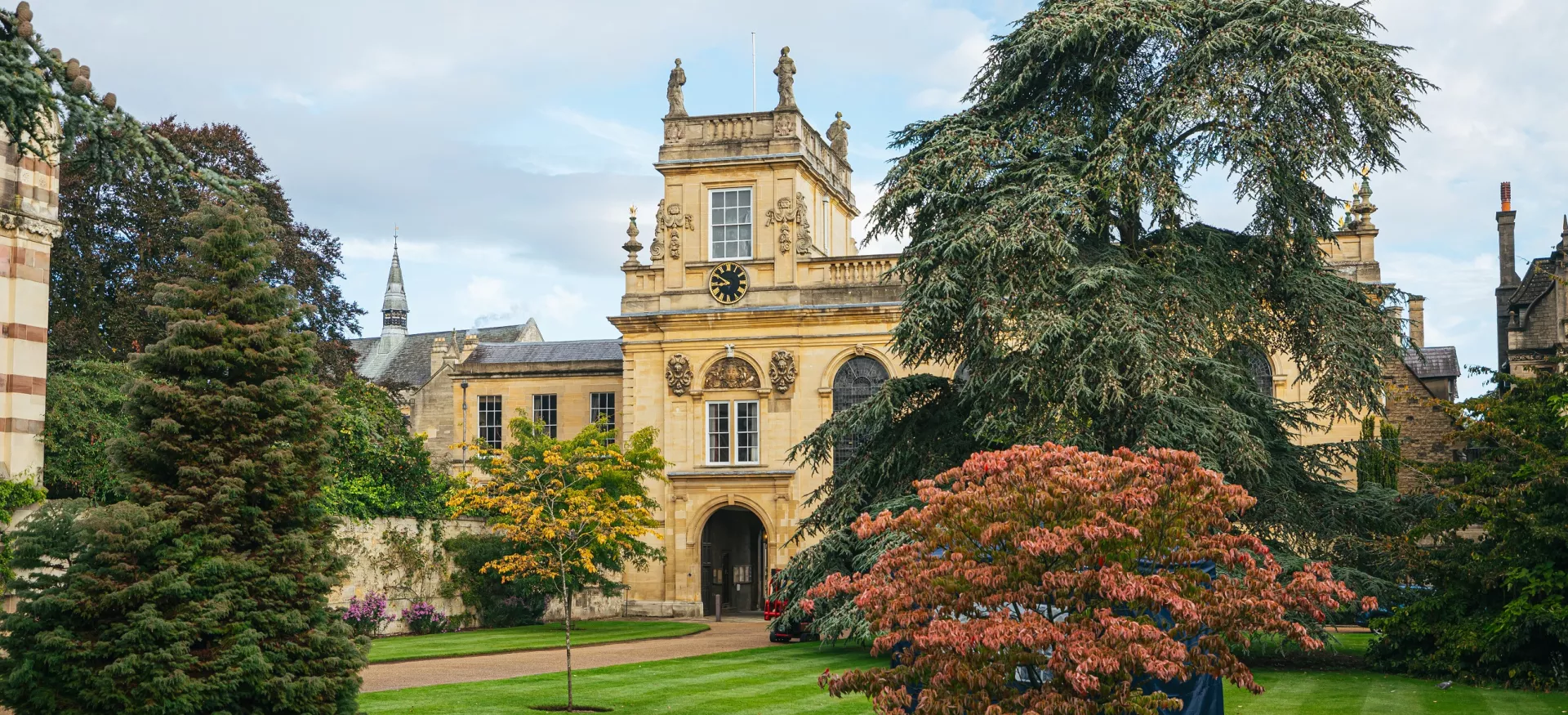 A view of the Trinity College front quad and chapel tower.