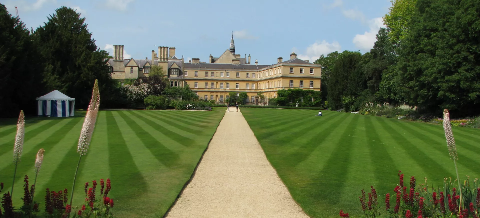 An image of the Trinity lawns facing Garden Quad from Parks Road.