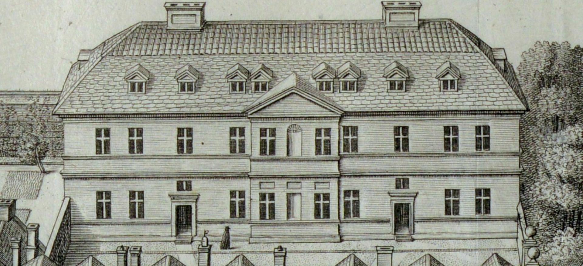 A lithograph of the Wren building at Trinity College.