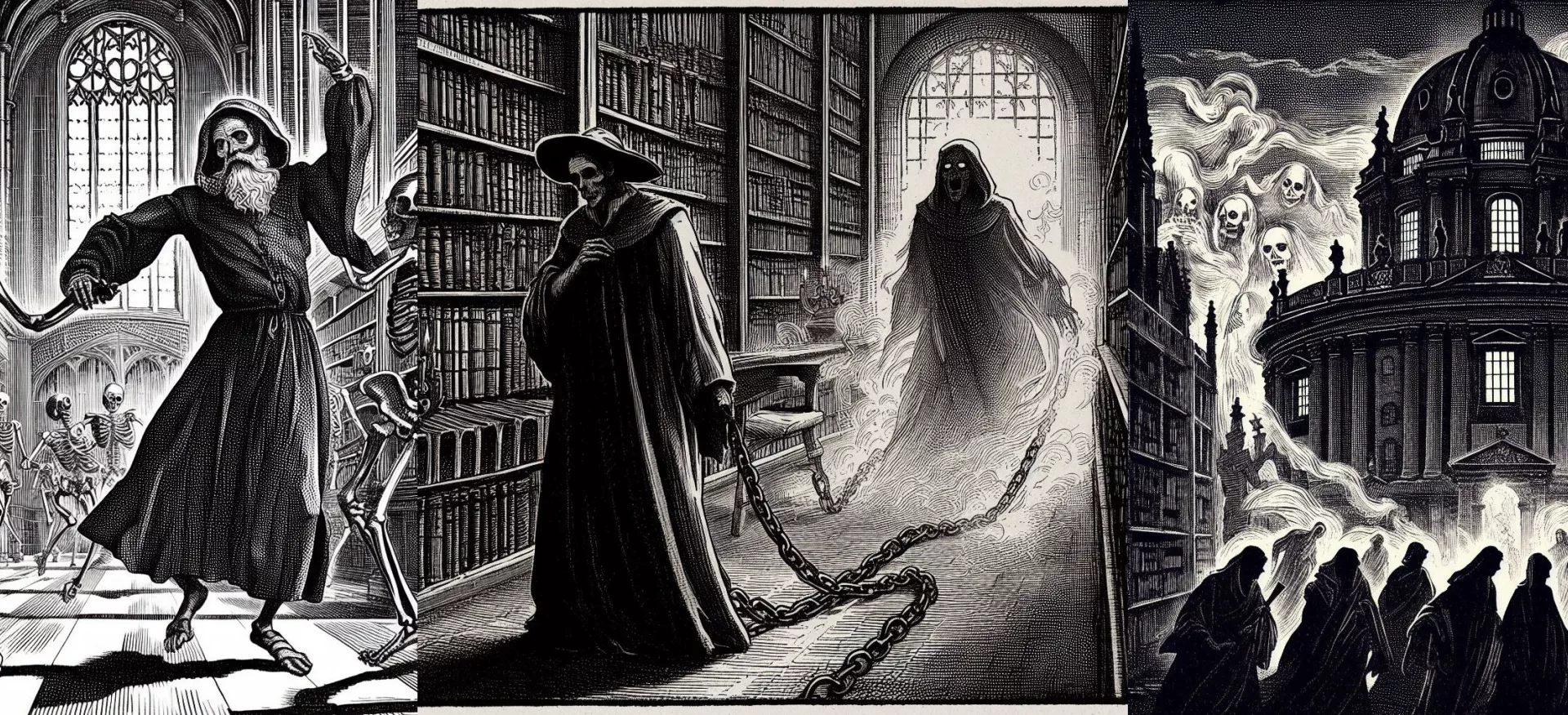 A composite of Halloween-themed AI images of the Trinity Old Library with demons inside.