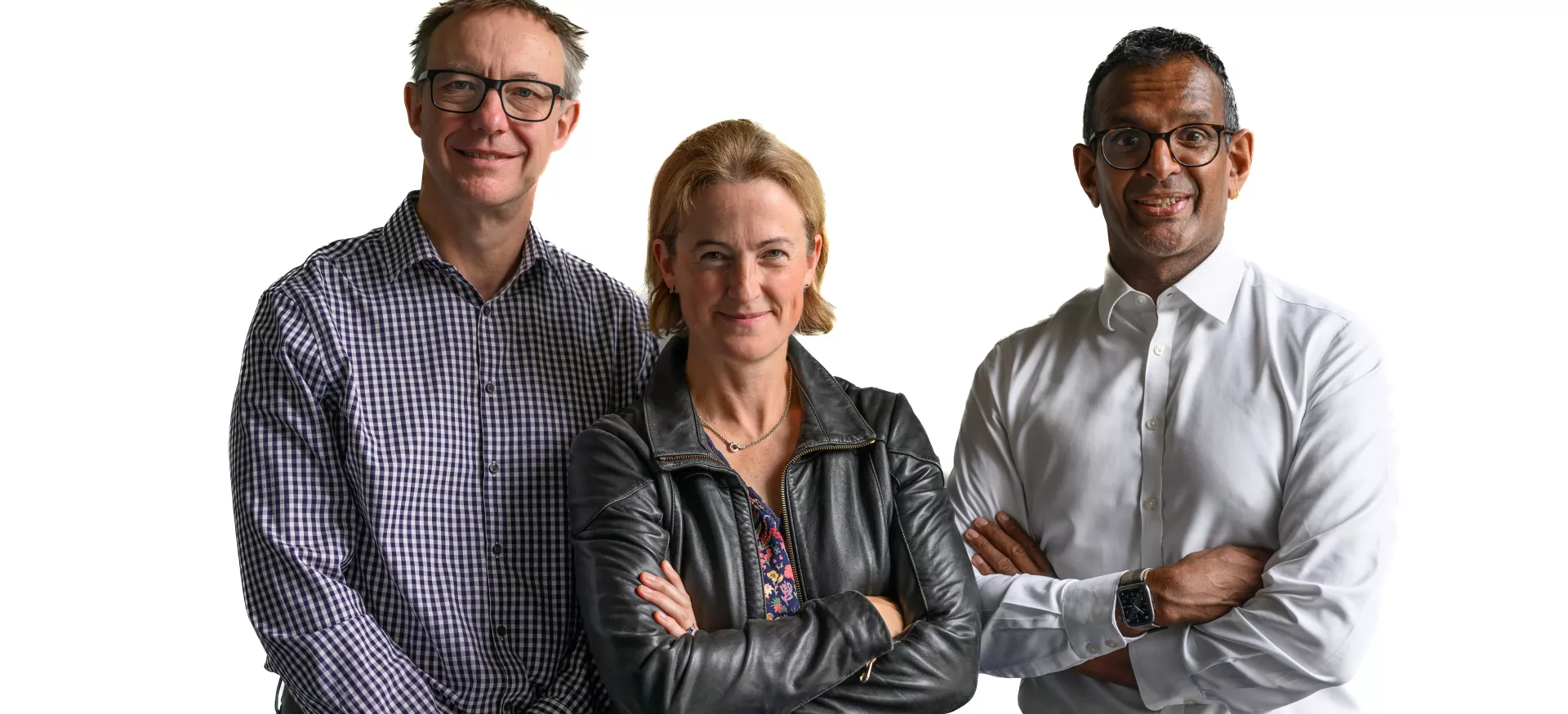 Paul Lewis, Hannah White and Anand Menon stand together against a white background.