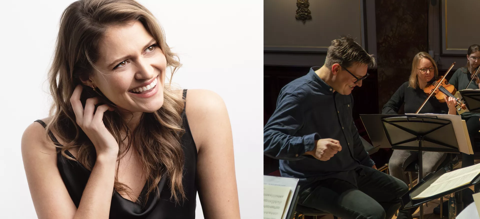 A photo of La Nuova Musica orchestra alongside a headshot of soprano Samantha Clarke