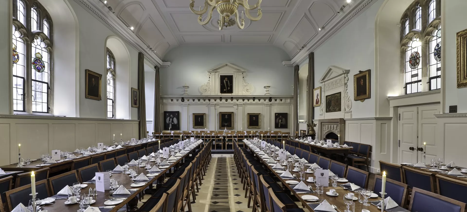the newly restored Trinity dining hall set for a formal meal.