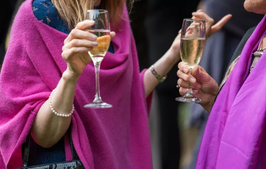 two women holding champagne glasses