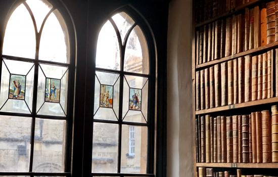 A view from Trinity's Old Library window onto the quad below, with a bookshelf in view.