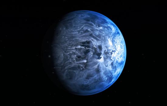 A still image of a blue exoplanet.