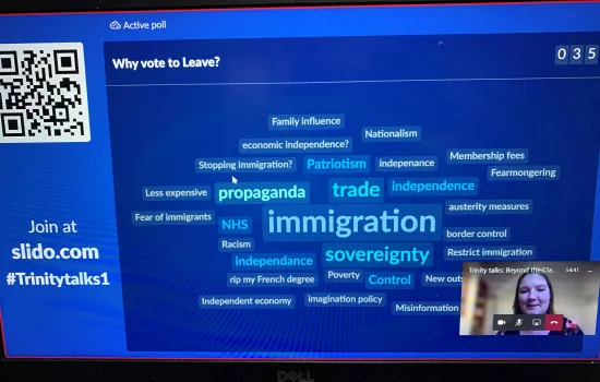 An image of a computer screen with a word cloud on a blue background. In the bottom right corner a student speaker can be seen.