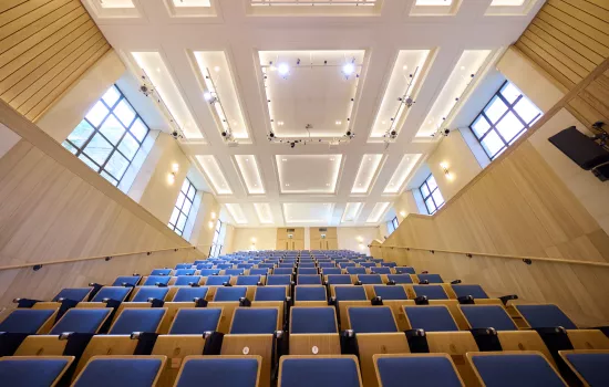 The LEvine Auditorium viewed upwards from the stage.