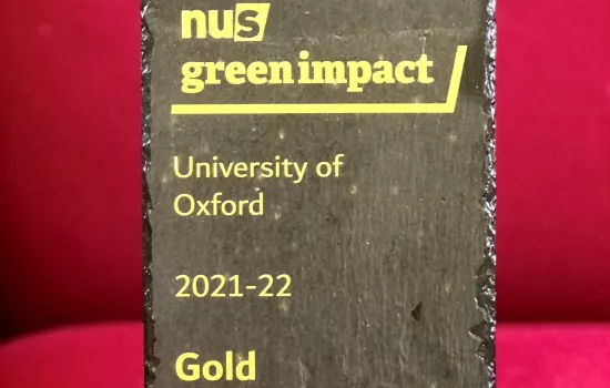 The Trinity College 2021-22 Green Impact Gold award sits against a red background.