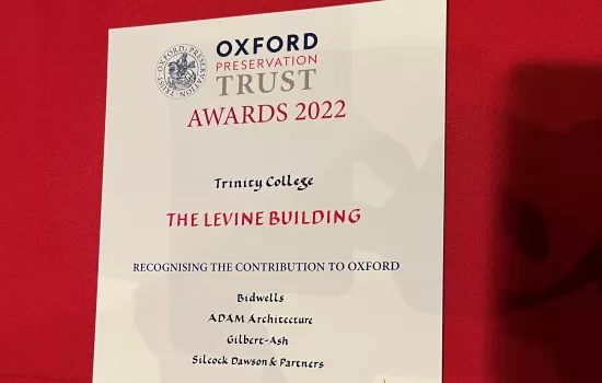 The Oxford Preservation Trust award certificate for Trinity's Levine Building.