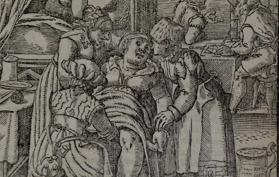 A linocut image of a birth with astrologers attending.