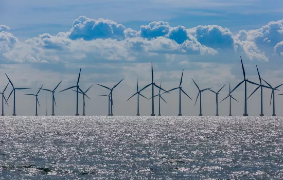 A Wind farm in the North sea on the coast of United Kingdom.