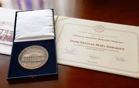 The Debrecen Award medal and certificate given to Frances Ashcroft.