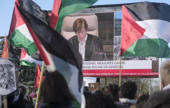 A crowd waving Palestinian flags outside a broadcast of the International Court of Justice ruling on South Africa's case against Israel.