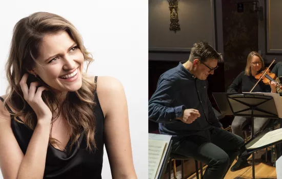 A photo of La Nuova Musica orchestra alongside a headshot of soprano Samantha Clarke