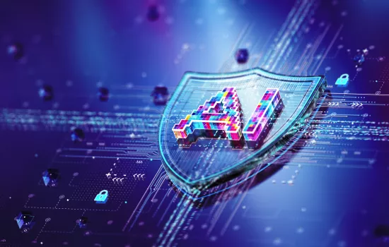 A futuristic digital illustration of a shield with the letters 'AI' in colorful pixels at its center, symbolizing artificial intelligence protection. The background consists of a high-tech circuit board with data lines, glowing blue padlock icons, and a matrix-style digital aesthetic, conveying themes of cybersecurity and AI technology.