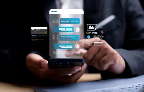 Person using a smartphone with AI chatbot and digital interface graphics projected above the screen.