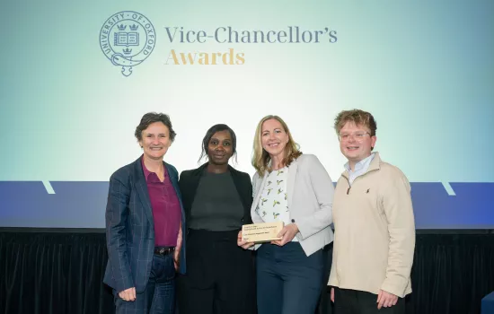 Trinity Access team members Hannah Rolley, Innocen Otunnu and Rob Harrison stand with Oxford's Vice-Chancellor, Irene Tracey.