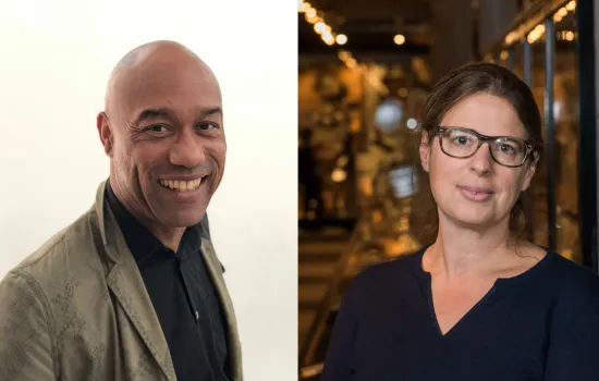 Side by side headshots of Gus Casely-Hayford and Laura Van Broekhoven