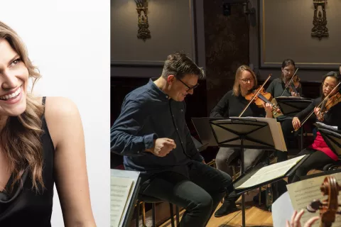 A photo of La Nuova Musica orchestra alongside a headshot of soprano Samantha Clarke