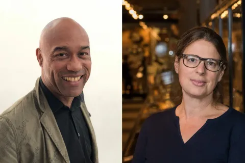 Side by side headshots of Gus Casely-Hayford and Laura Van Broekhoven