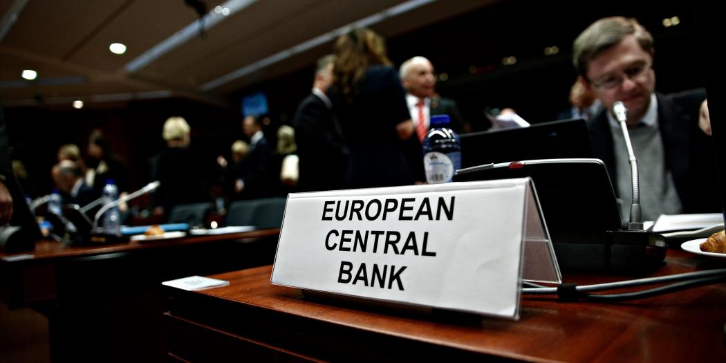 Economic and Financial (ECOFIN) Affairs Council meeting in Brussels, Belgium, with a sign indicating the seating place for the European Central Bank.