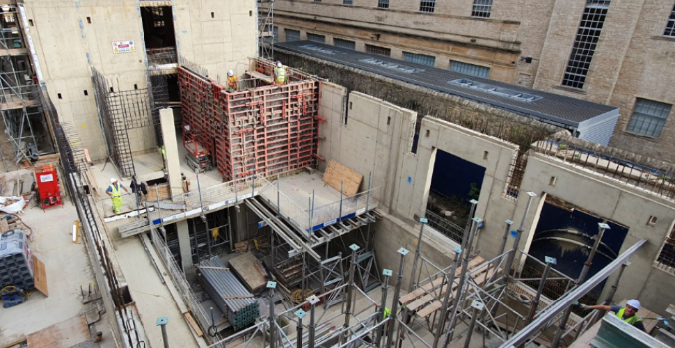 The concrete walls of the Levine Building superstructure as seen from above. 