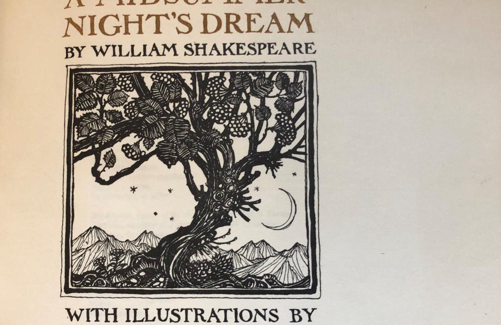 The printed title page of A Midsummer Night's Dream, illustrated by Arthur Rackham. The print includes the image of a tree with blooming flowers.