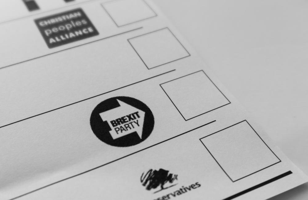 A close-up of a ballot paper with the Brexit Party logo and box. 