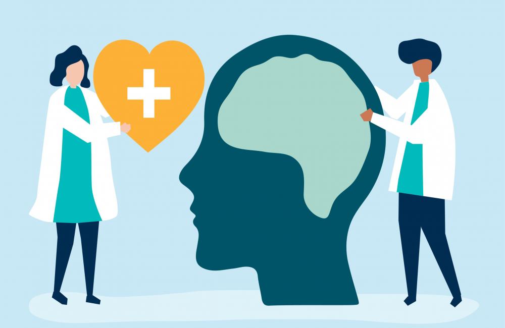 Graphic showing Neuroscientists with a giant chart of human brain and a heart icon