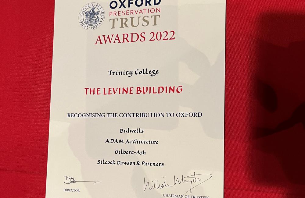 The Oxford Preservation Trust award certificate for Trinity's Levine Building.
