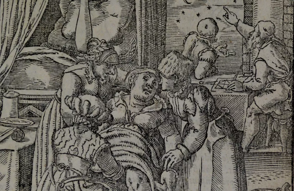 A linocut image of a birth with astrologers attending.