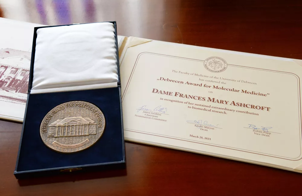 The Debrecen Award medal and certificate given to Frances Ashcroft.