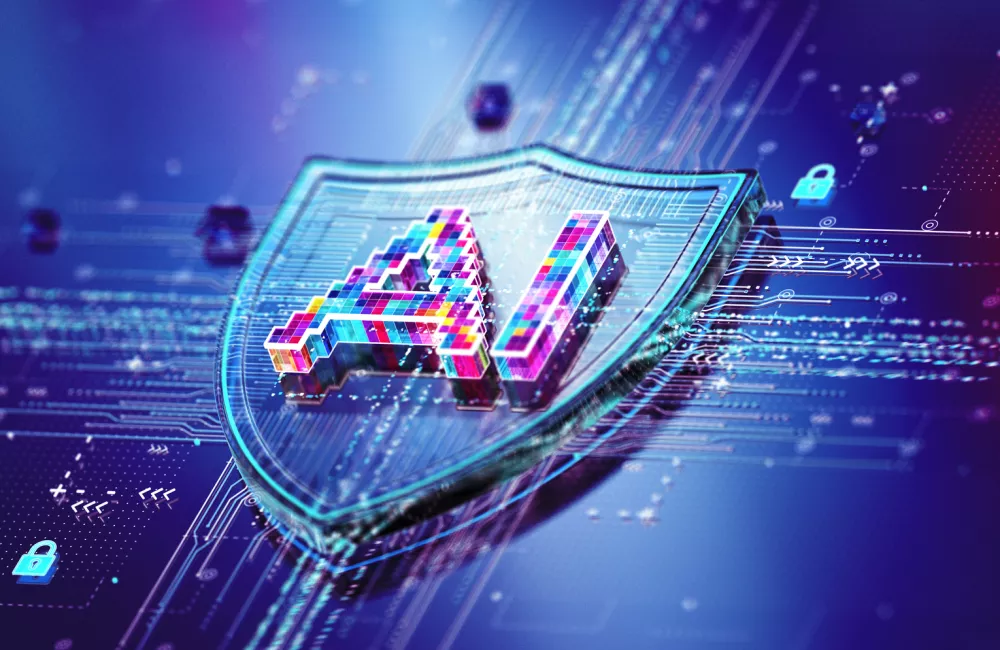 A futuristic digital illustration of a shield with the letters 'AI' in colorful pixels at its center, symbolizing artificial intelligence protection. The background consists of a high-tech circuit board with data lines, glowing blue padlock icons, and a matrix-style digital aesthetic, conveying themes of cybersecurity and AI technology.