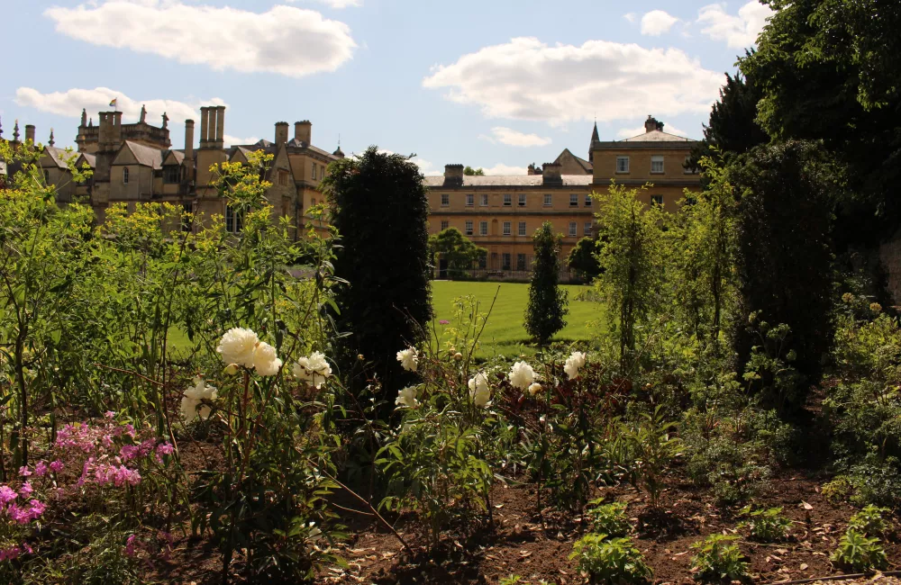 view of Garden Quad buildings, the lawns and a blue cloudy sky, with close up detail of flowers from the long border