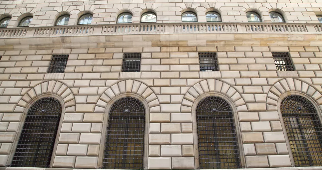 The exterior of the US Federal Reserve Bank in New York City.
