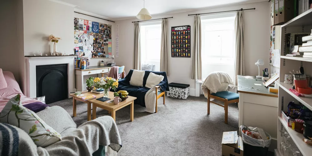 The living room of a second-year set with couches and shelves.