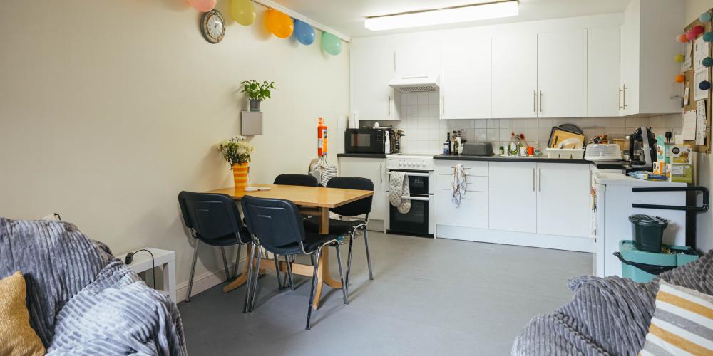 A shared kitchen in offsite accommodation. 