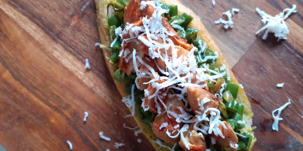 A bruschetta with mackerel, bean and coconut topping.