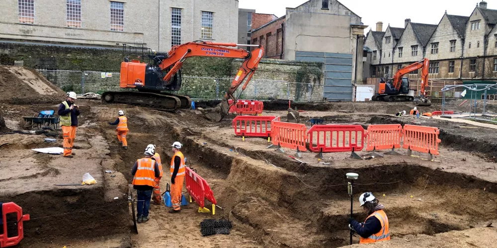 the Oxford Archaeology team on day one of their work on the Trinity College site.