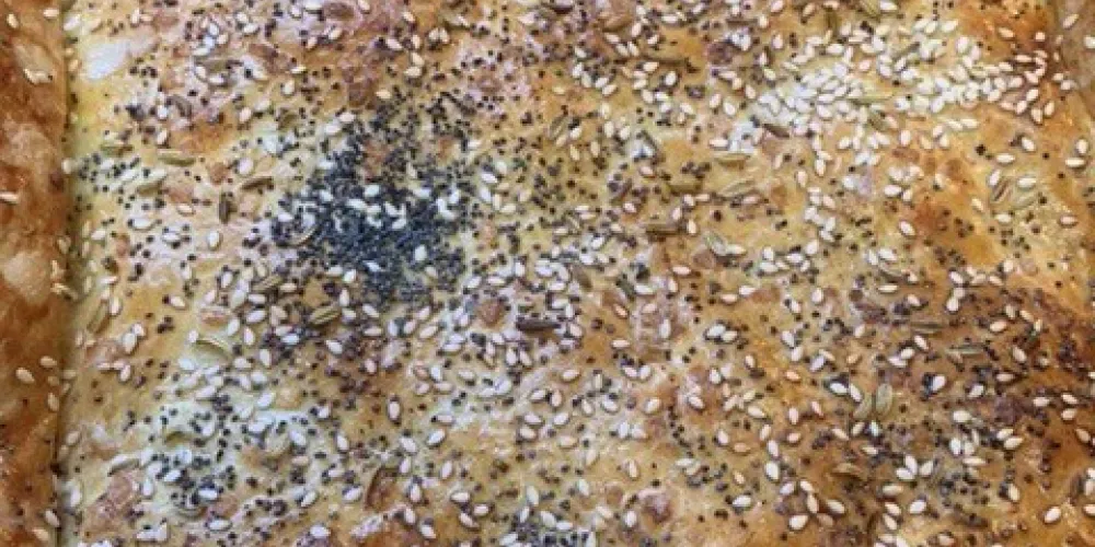 The baked crust of the finished fish pie.