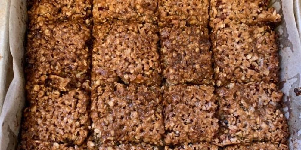 The cooked flapjacks are cut into squares