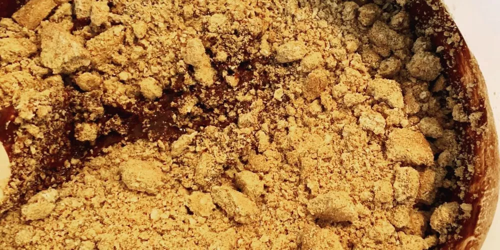 A chocolate mixture with finely crushed Hobnob biscuits on top.