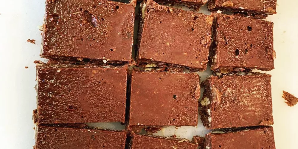 The finished fridge cake cut into 12 bars.